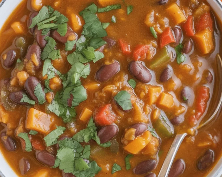 A bowl of hearty Black Bean and Pumpkin Chili with toppings, perfect for fall.