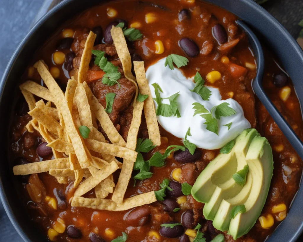 Bowl of Southwestern Chicken Chili with corn, black beans, and spices served with toppings.