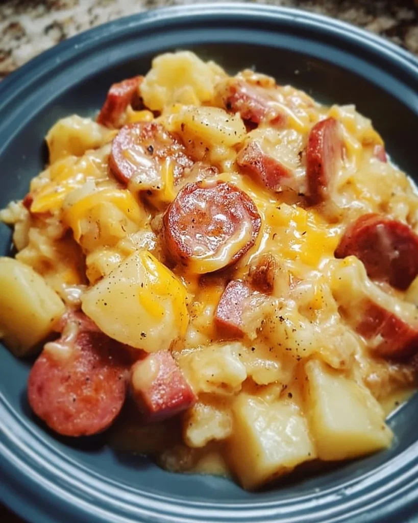 Crockpot cheesy potatoes and kielbasa served in a bowl