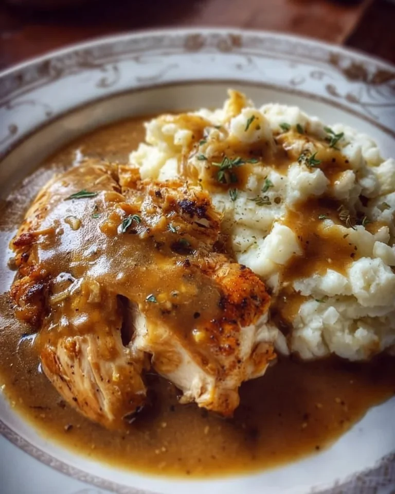 Crockpot Chicken and Gravy served with mashed potatoes