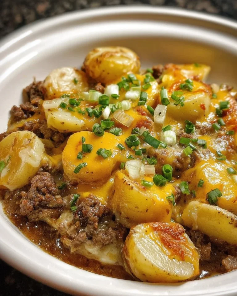 Crockpot Hamburger Potato Casserole topped with cheese and herbs