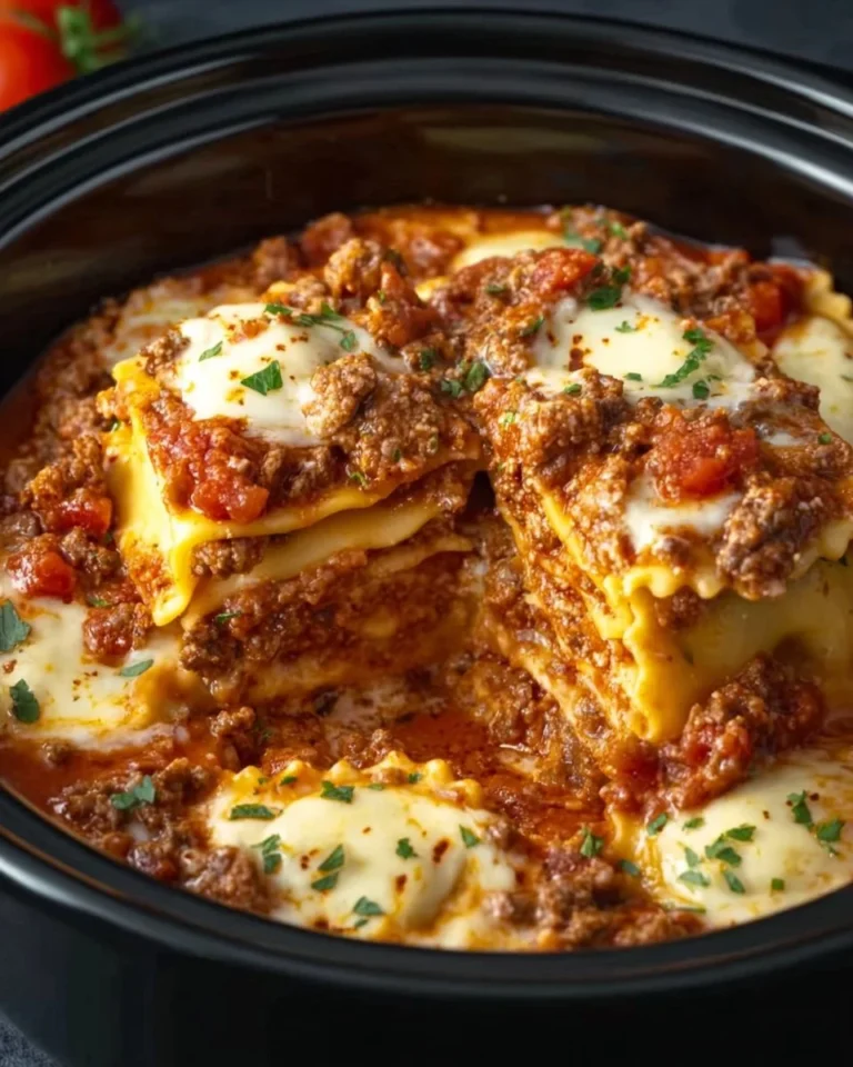 Delicious Crockpot Ravioli Lasagna layered with cheese and sauce.