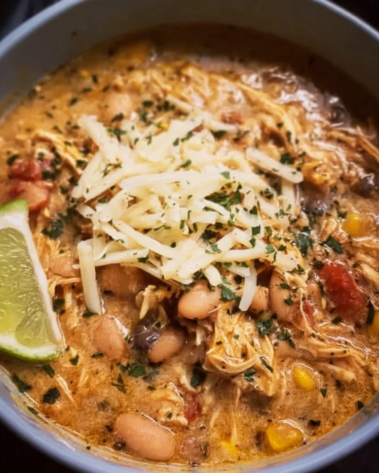 Crockpot White Chicken Chili with Cream Cheese in a bowl garnished with cilantro