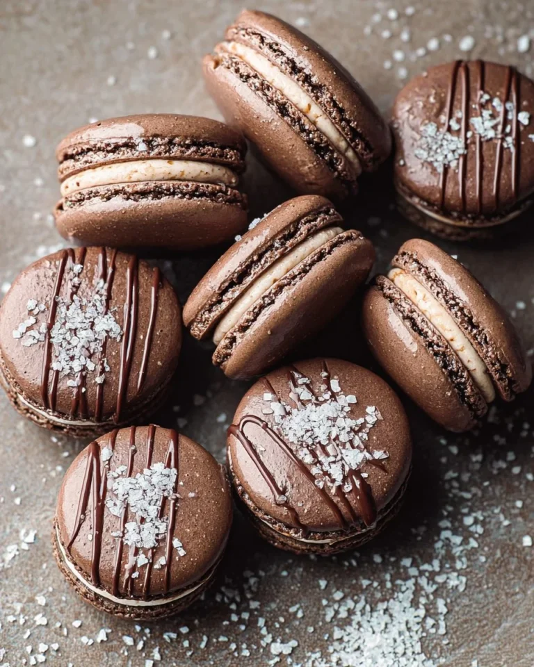 Dark Chocolate Sea Salt Macarons topped with flaky sea salt for a delicious dessert