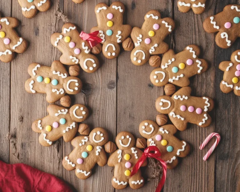 Homemade Gingerbread Cookie Wreath decorated with royal icing and festive touches.