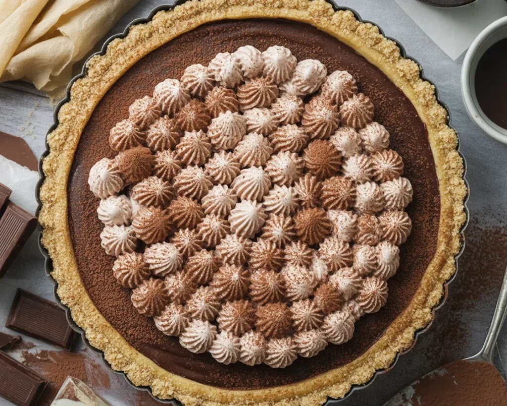 Delicious Tiramisu Tart with espresso-infused shortcrust and chocolate ganache topping.
