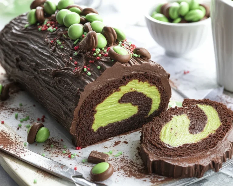 Mint Chocolate Yule Log decorated with chocolate pieces and powdered sugar snow.
