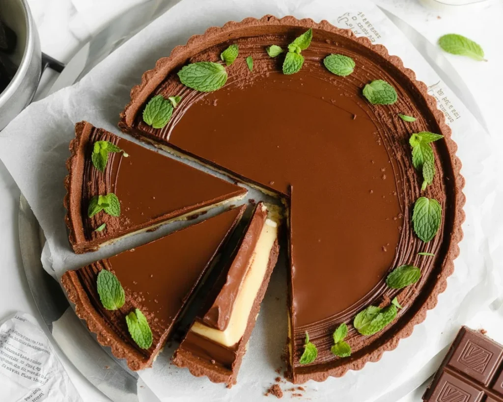 Delicious After Eight Tart with chocolate biscuit base and mint filling topped with chocolate ganache.