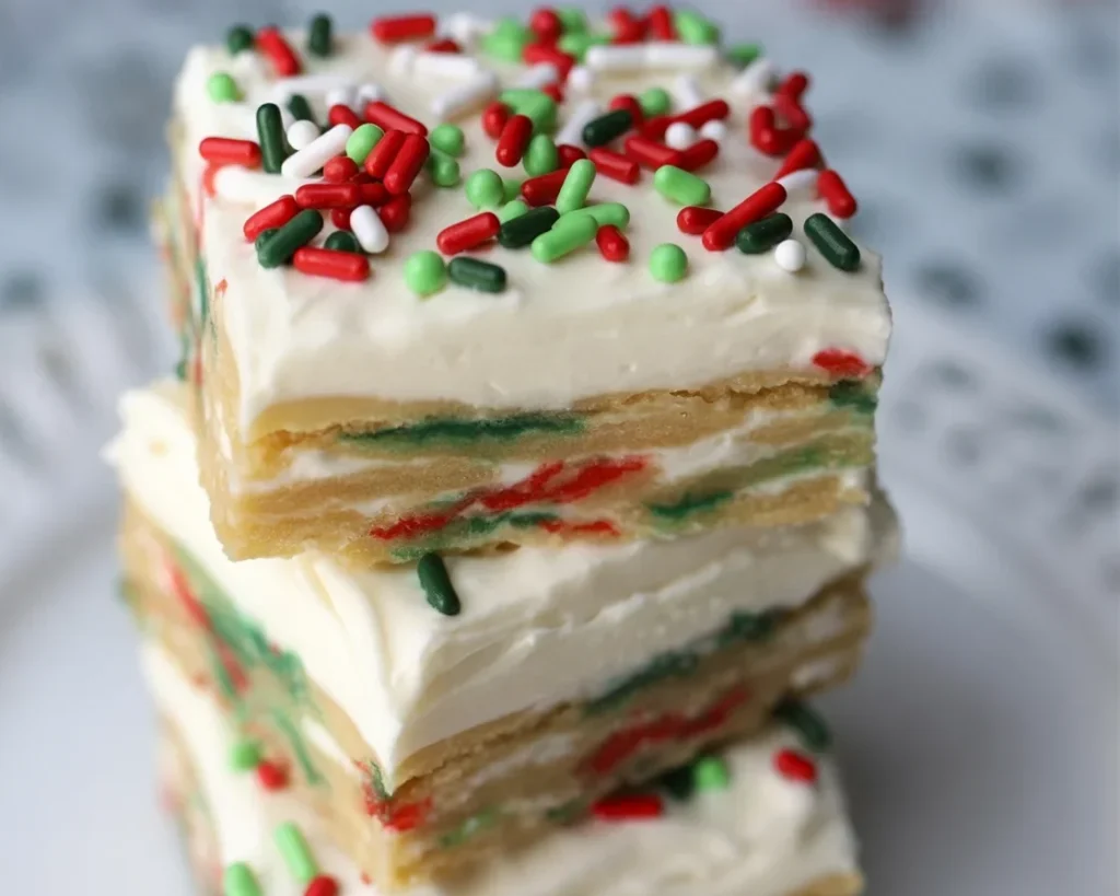 Delicious Christmas Sugar Cookie Bars topped with colorful frosting for festive occasions.