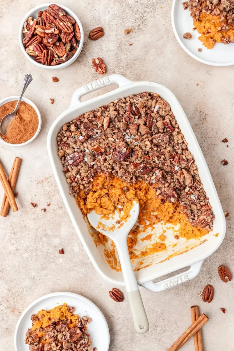 Delicious Eggnog Sweet Potato Casserole topped with a golden crust.