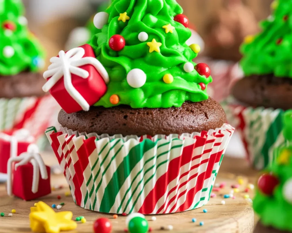 Delicious Christmas Tree Cupcakes with festive green frosting and decorations