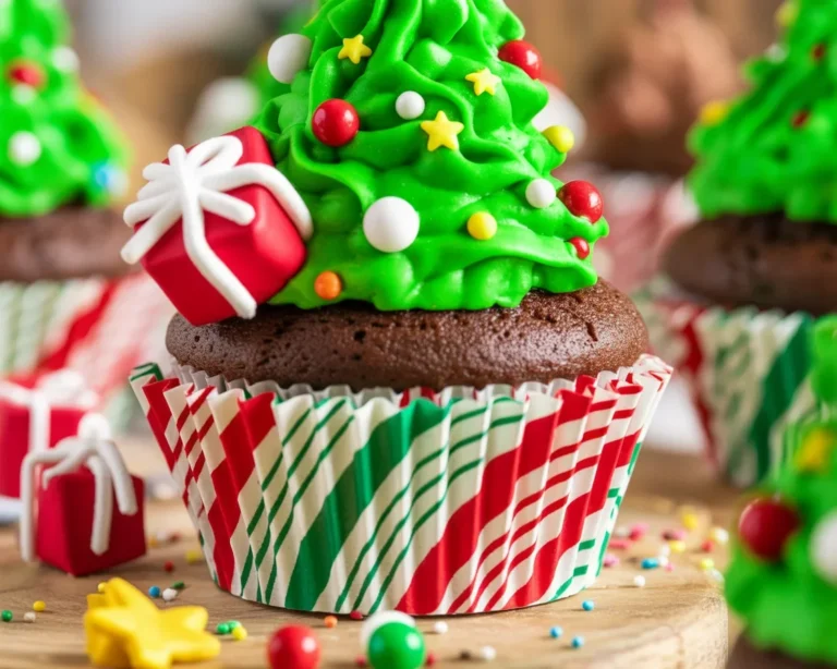 Delicious Christmas Tree Cupcakes with festive green frosting and decorations