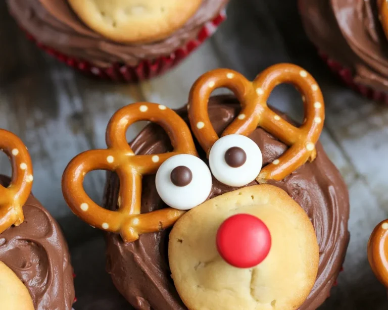 Decorated Reindeer Cupcakes for holiday baking, featuring chocolate base and buttercream.