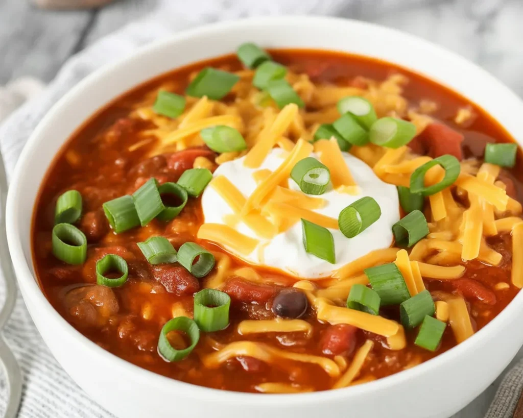 Bowl of hearty Soup Chili showcasing ground beef, beans, and vibrant spices.