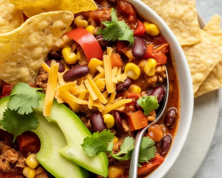 Bowl of delicious turkey chili topped with fresh herbs and served with bread.
