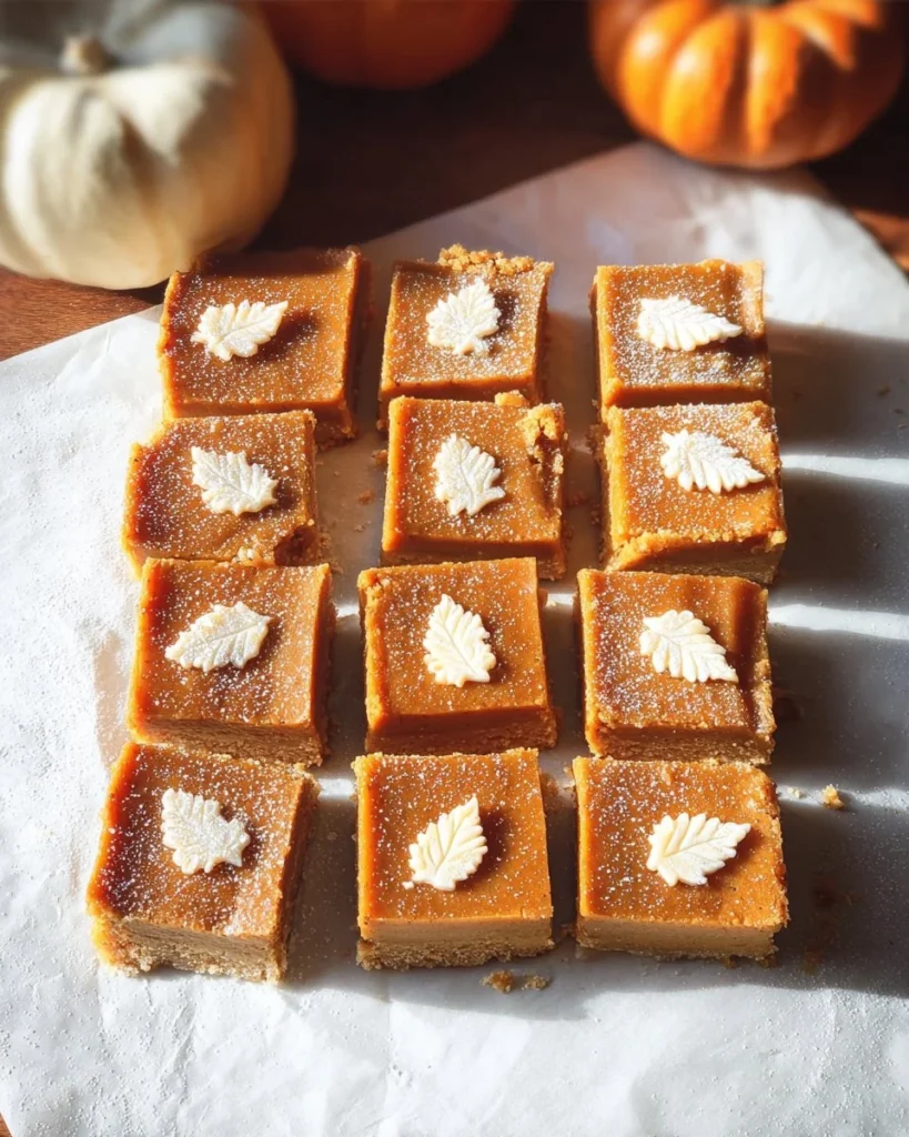 Delicious pumpkin pie bars displayed on a rustic wooden table