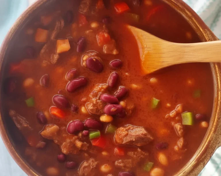 Delicious bowl of hearty Steak Chili topped with fresh herbs and served with bread.
