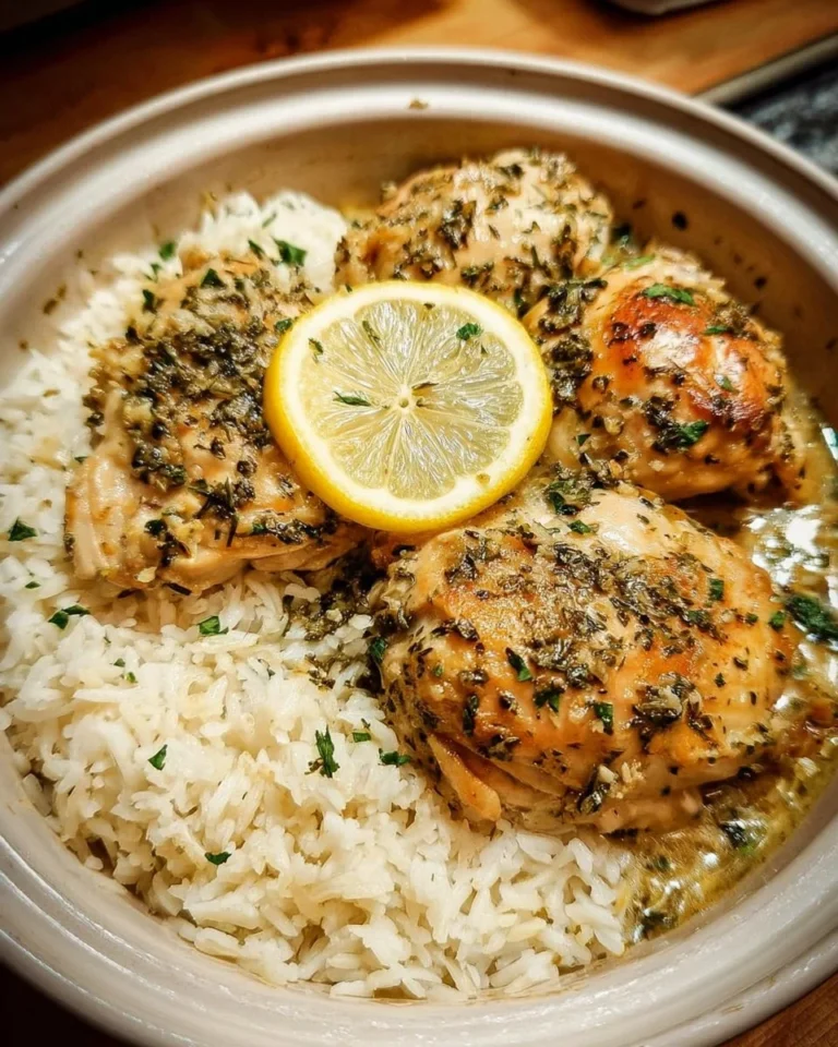 Slow cooker lemon herb chicken served with fluffy rice in a bowl