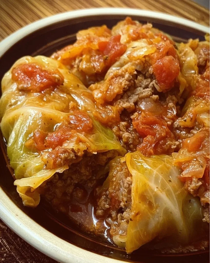 Slow Cooker Unstuffed Cabbage Rolls served in a bowl with herbs