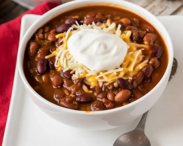 Dr Pepper and Chocolate Chili in a bowl with toppings.
