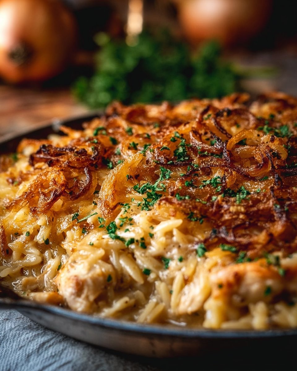 French Onion Chicken Orzo Casserole