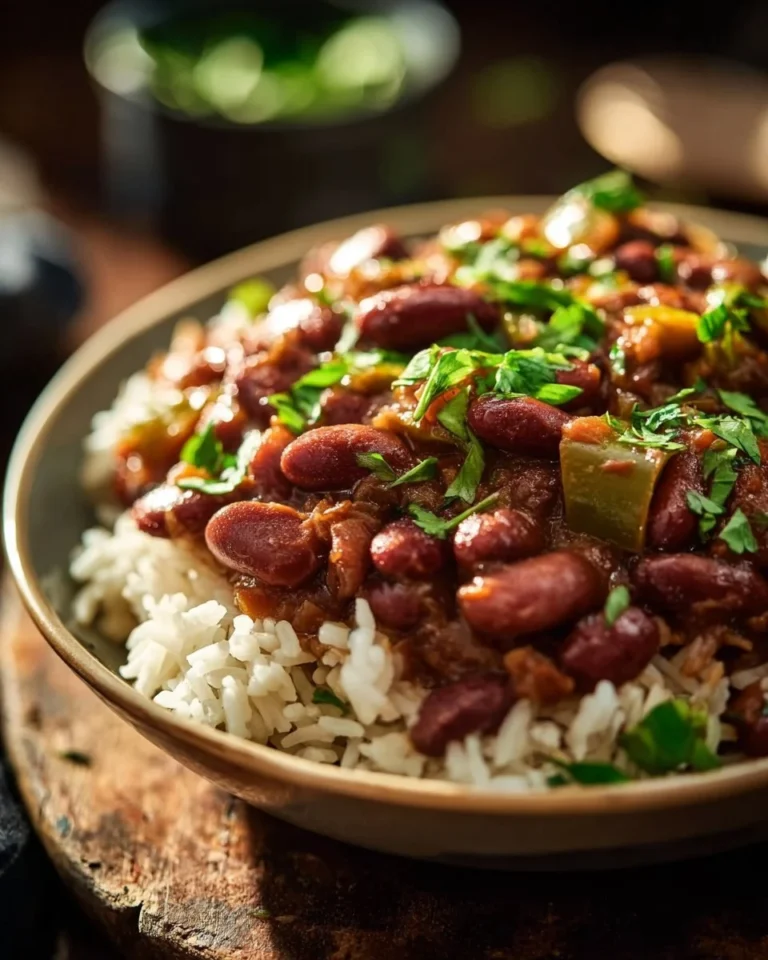 Bowl of authentic Cajun Red Beans and Rice with sausage and spices.