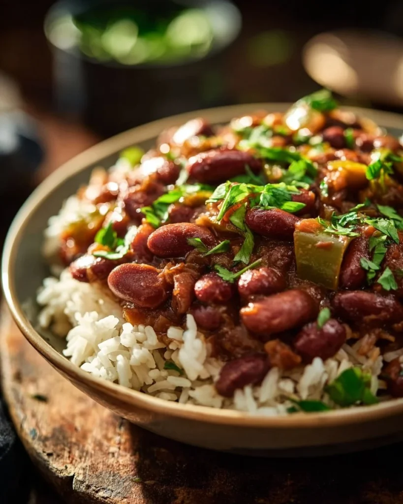 Bowl of authentic Cajun Red Beans and Rice with sausage and spices.