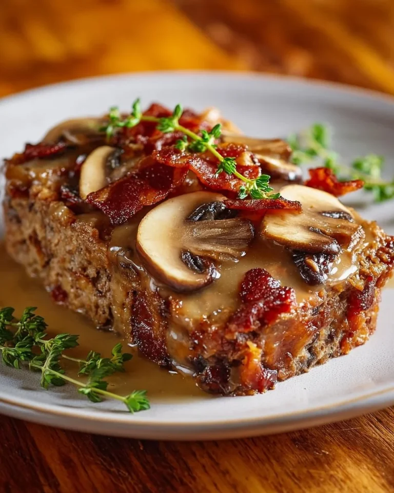 Bacon Mushroom Swiss Meatloaf served with a side of vegetables