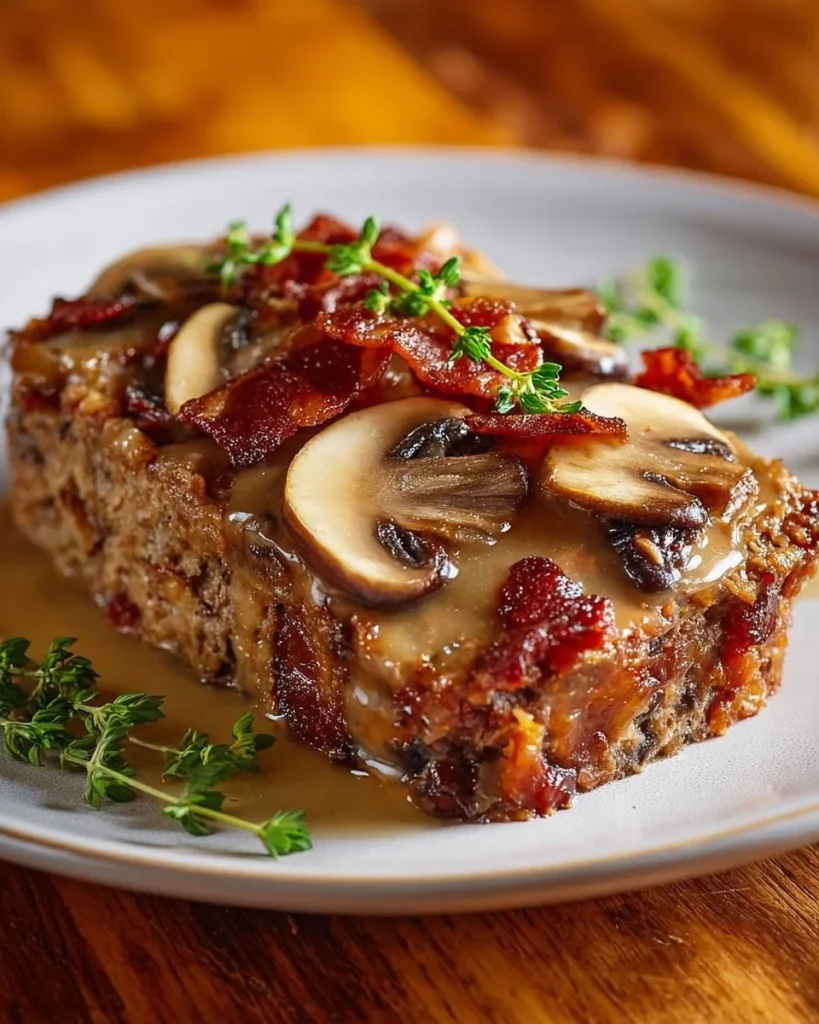 Bacon Mushroom Swiss Meatloaf served with a side of vegetables