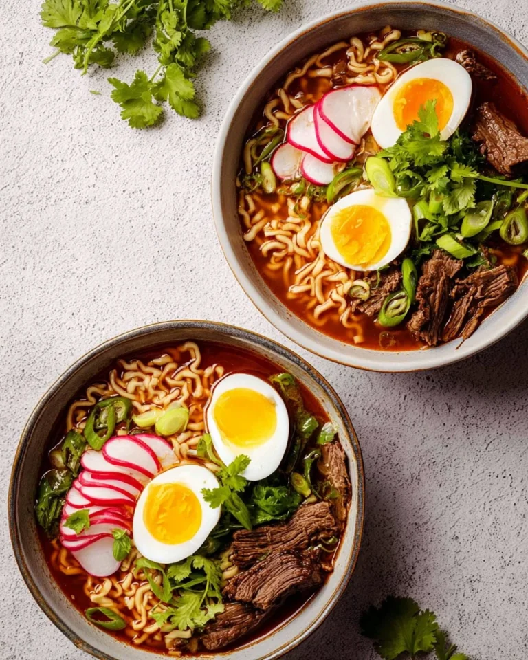 A bowl of Birria Ramen with tender meat and rich broth, garnished with herbs.