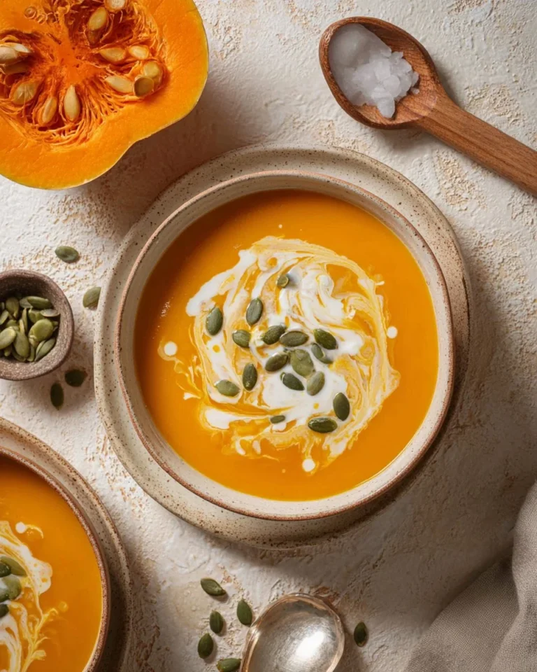 Delicious buttercup squash soup in a bowl, garnished with herbs.