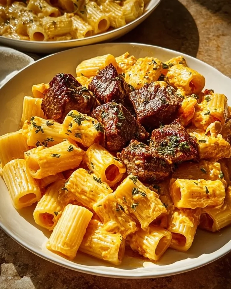 Cajun Steak Tips served with creamy cheesy rigatoni on a plate