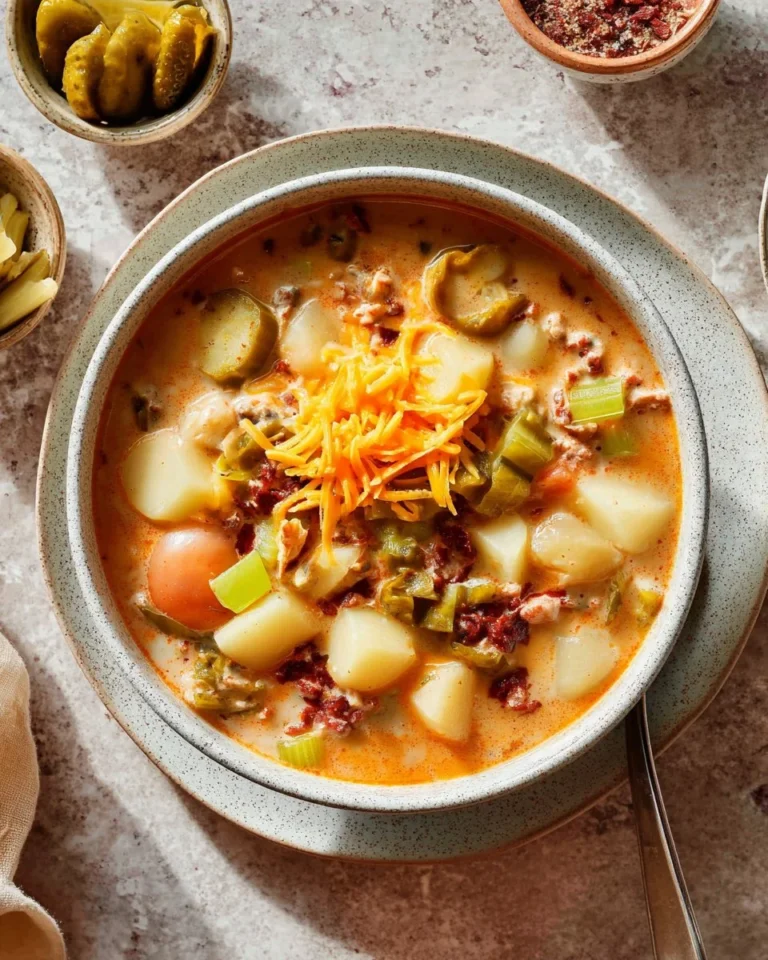 A bowl of creamy cheeseburger soup topped with cheese and bacon.