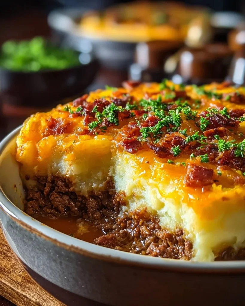 Cheesy Loaded Meatloaf Casserole served in a baking dish