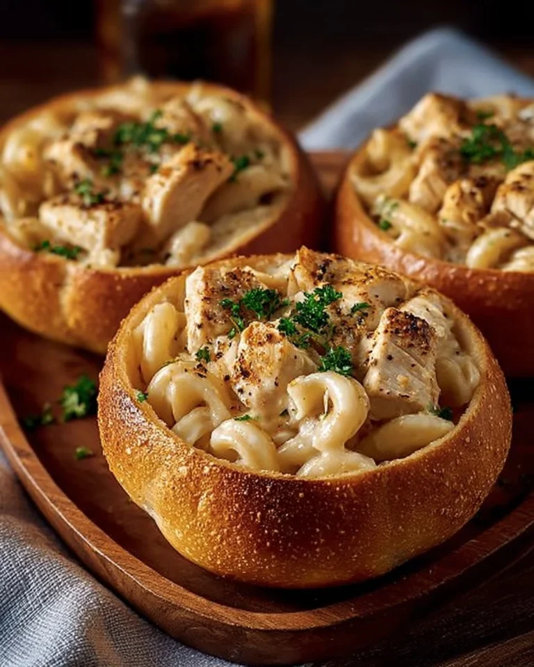 Chicken Alfredo Garlic Bread Bowls with creamy sauce and chicken in baked bread