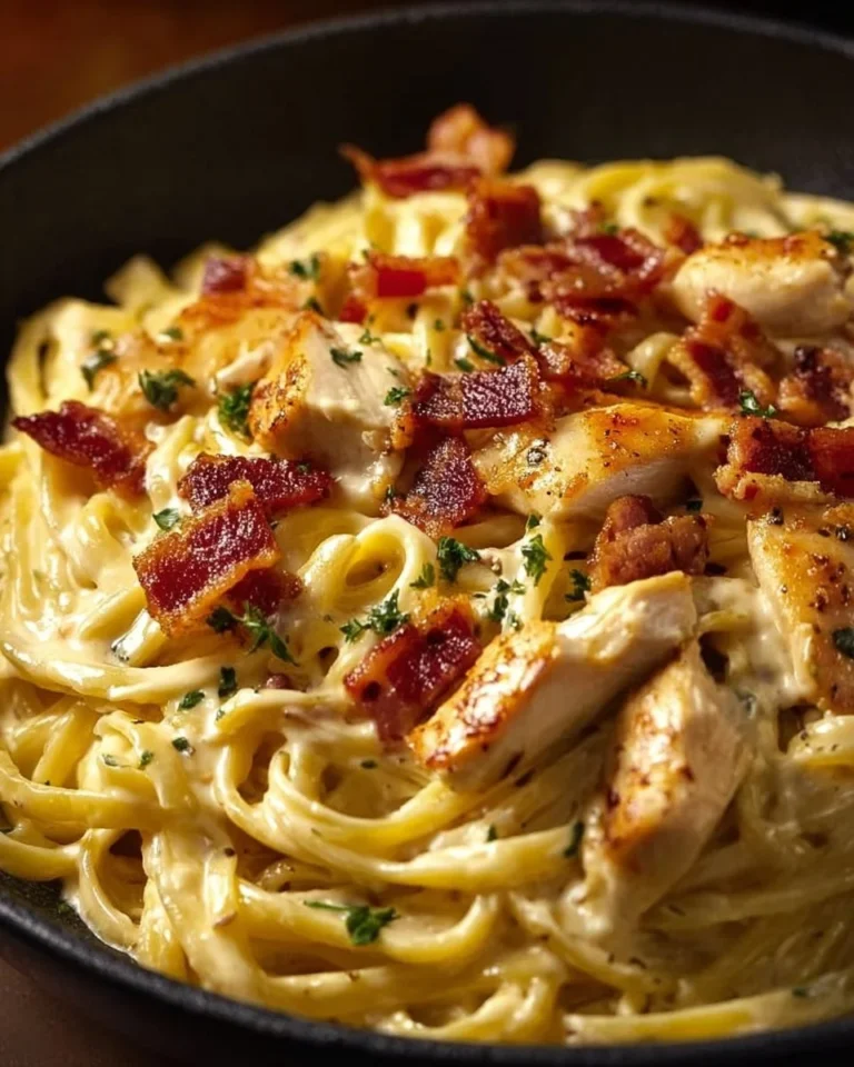 A delicious bowl of Chicken Bacon Ranch Pasta topped with crispy bacon and herbs.