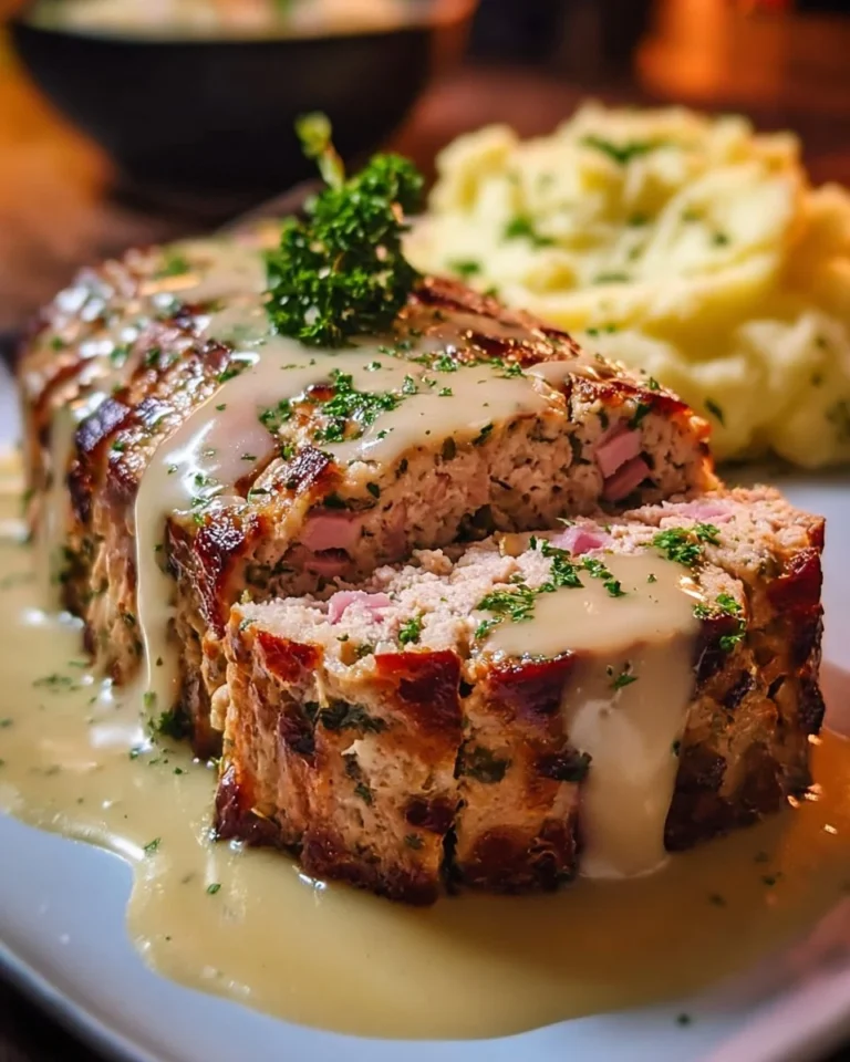 Delicious Chicken Cordon Bleu Meatloaf garnished with herbs on a plate.