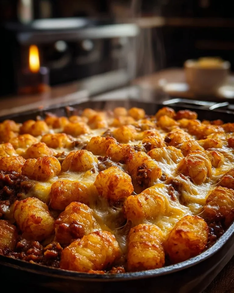 Chili Cheese Tater Tot Casserole served in a baking dish with melted cheese and toppings