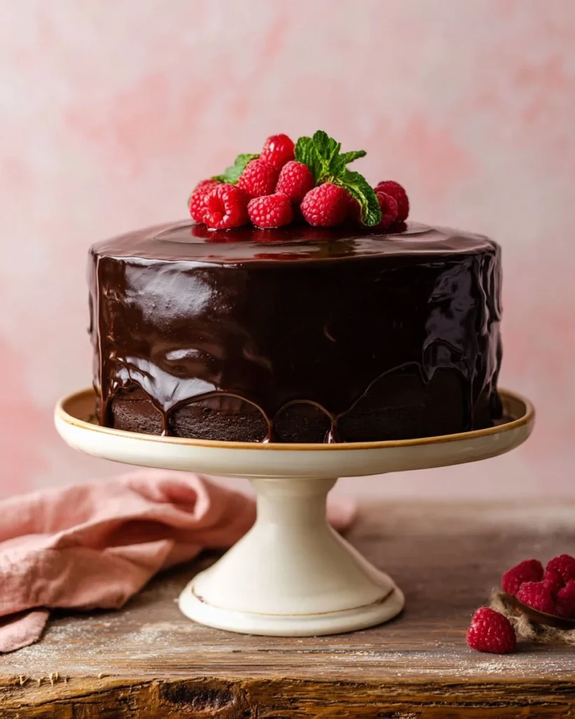 Delicious Chocolate Raspberry Cake topped with fresh raspberries and chocolate shavings