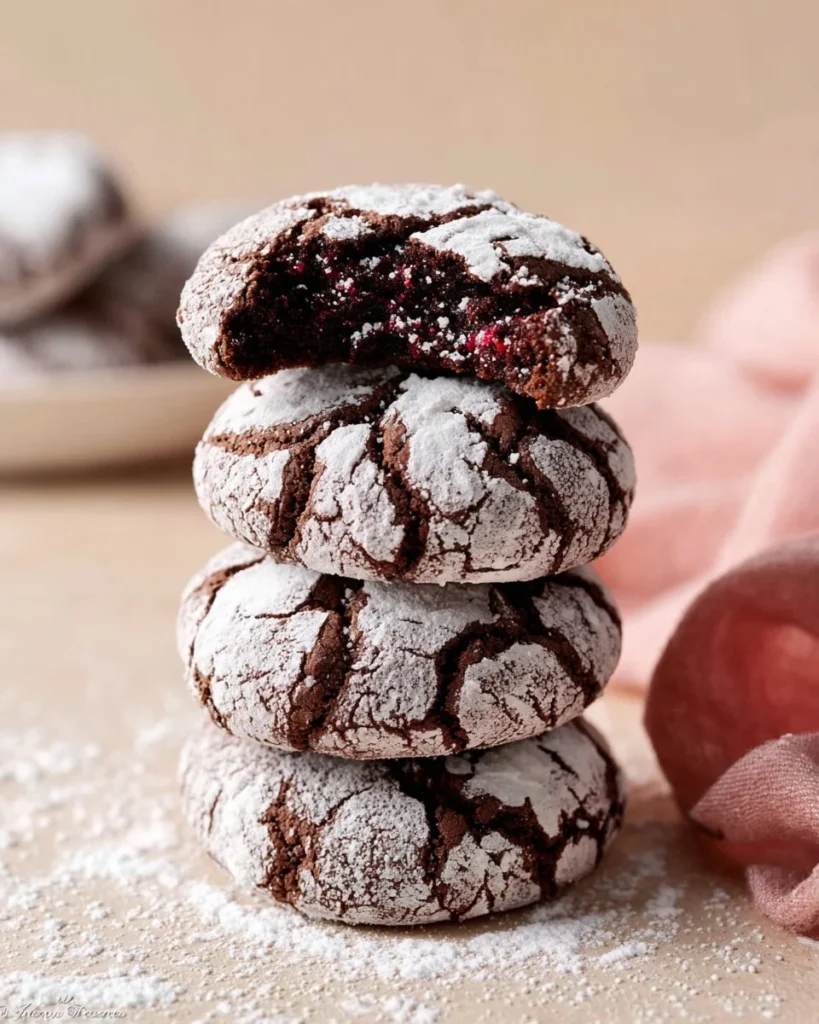 Delicious Chocolate Raspberry Crinkle Cookies on a plate dusted with powdered sugar.