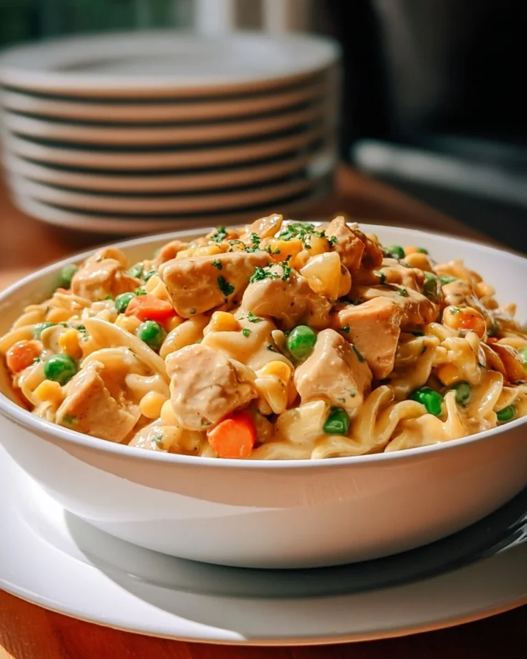 Classic chicken pot pie pasta in a creamy sauce with vegetables