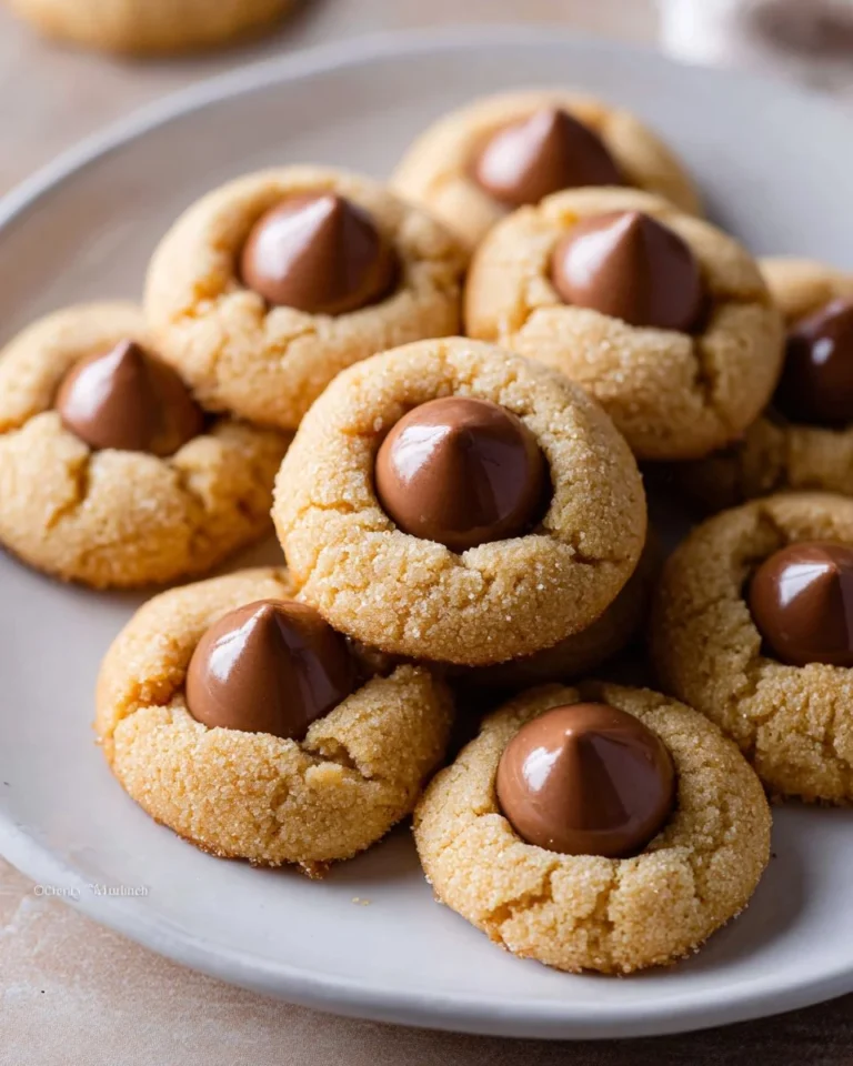 Delicious classic Peanut Butter Blossoms cookies topped with chocolate.