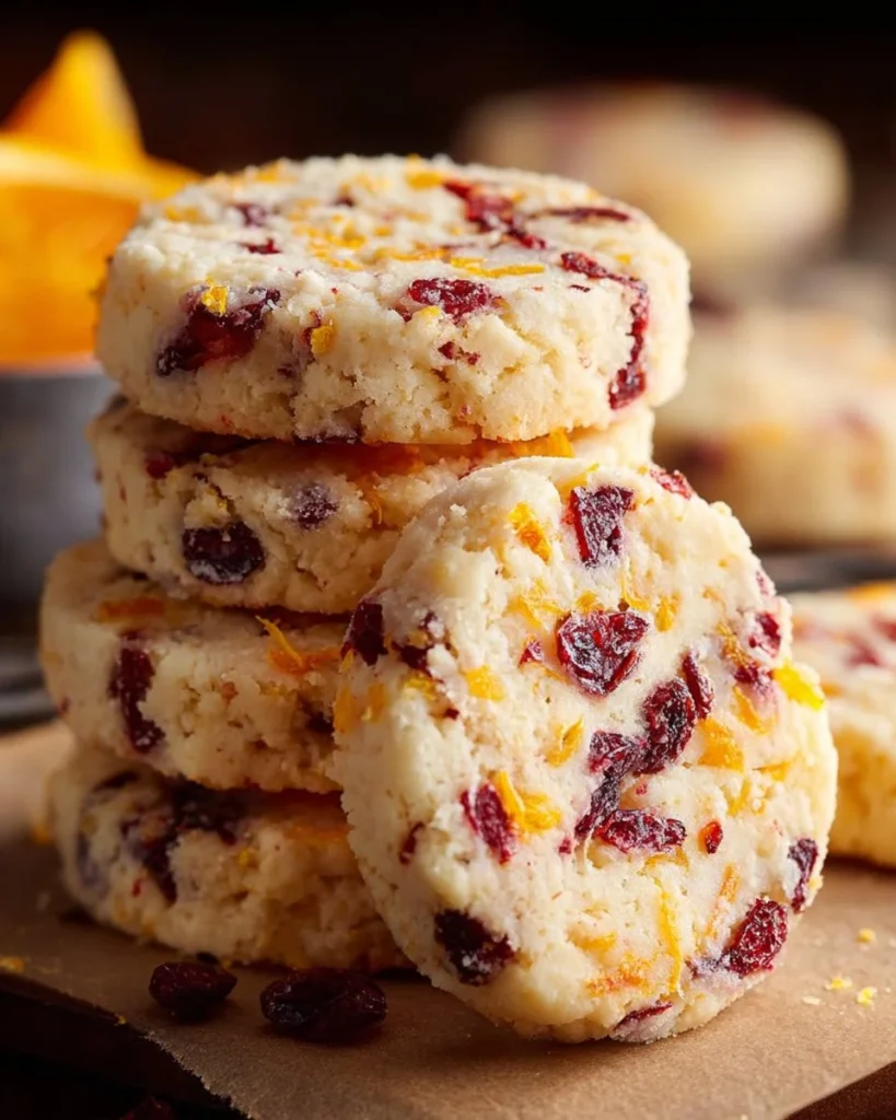 Freshly baked Cranberry Orange Shortbread Cookies on a cooling rack