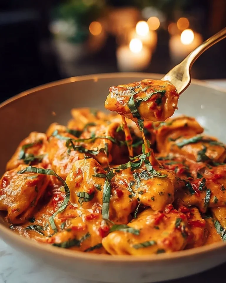 Creamy tomato garlic pasta dish topped with fresh herbs