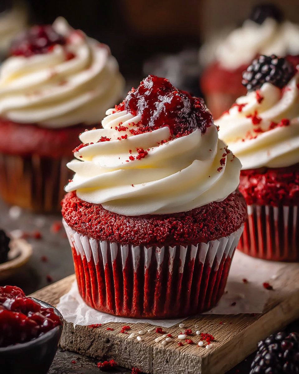 Red Velvet Cupcakes with Cream Cheese Frosting and Blackberry Jam