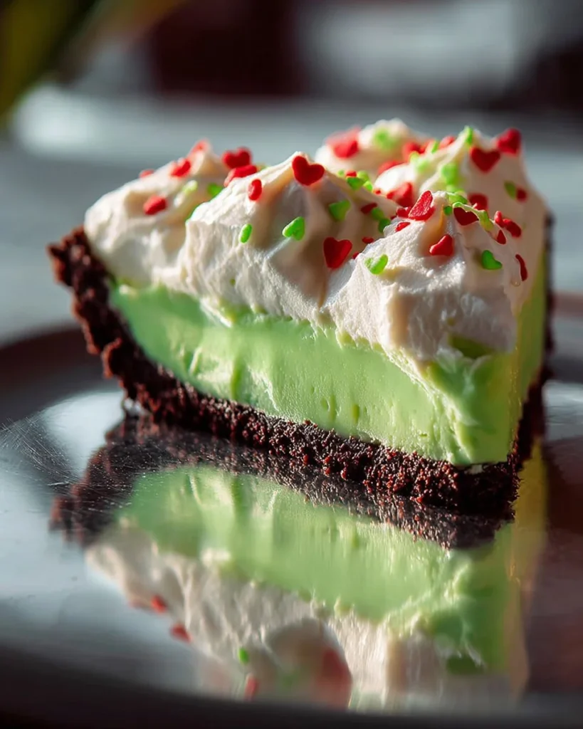 No bake Grinch Pie decorated with festive colors and toppings