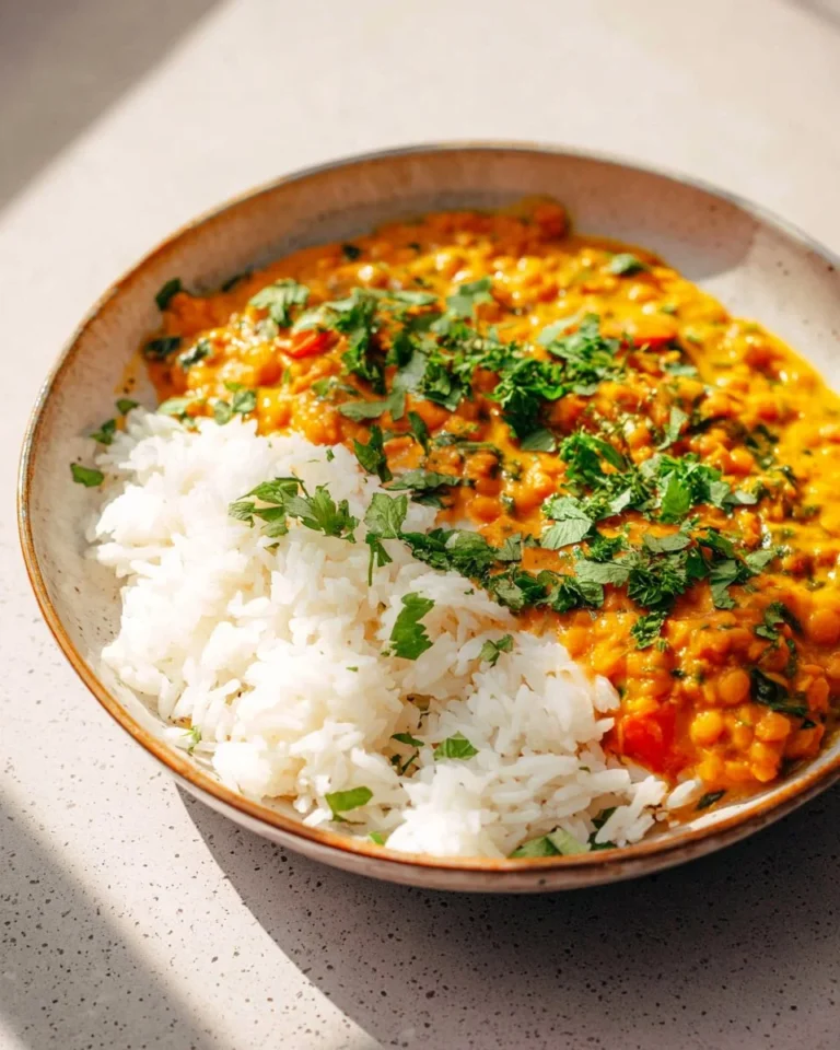 Delicious bowl of easy lentil dahl garnished with cilantro and spices