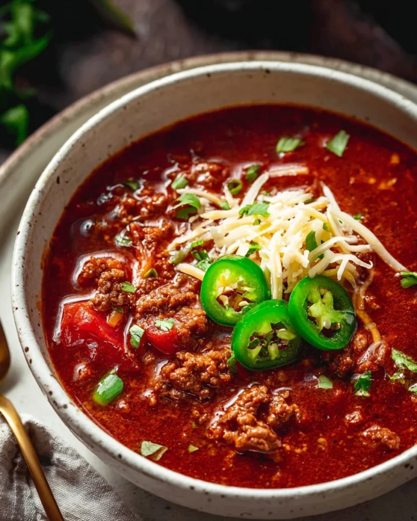 Bowl of Easy No Bean Chili topped with fresh herbs and spices