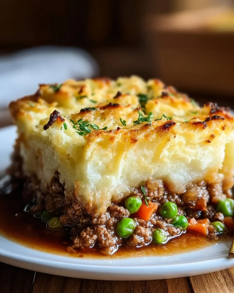 Delicious easy Shepherd's Pie casserole ready to serve on a dining table