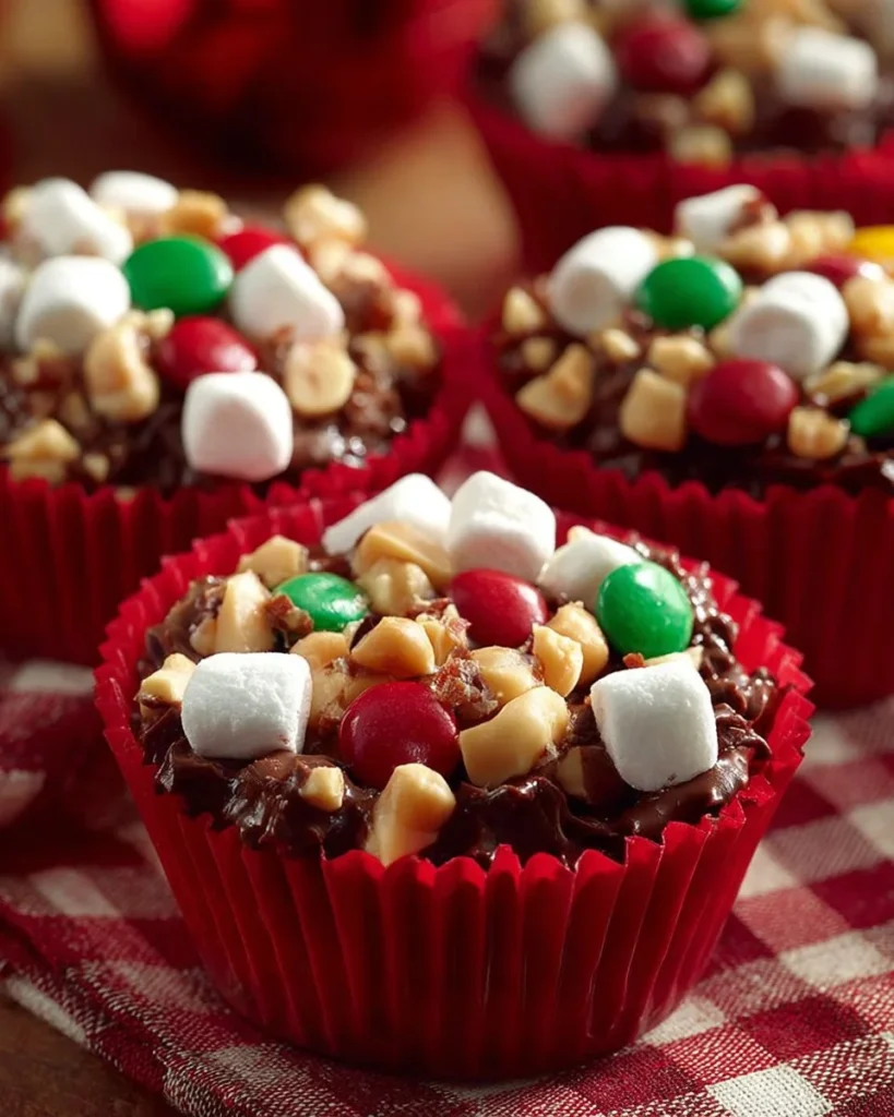 Festive Rocky Road Bites in colorful candy cups, perfect holiday treats.